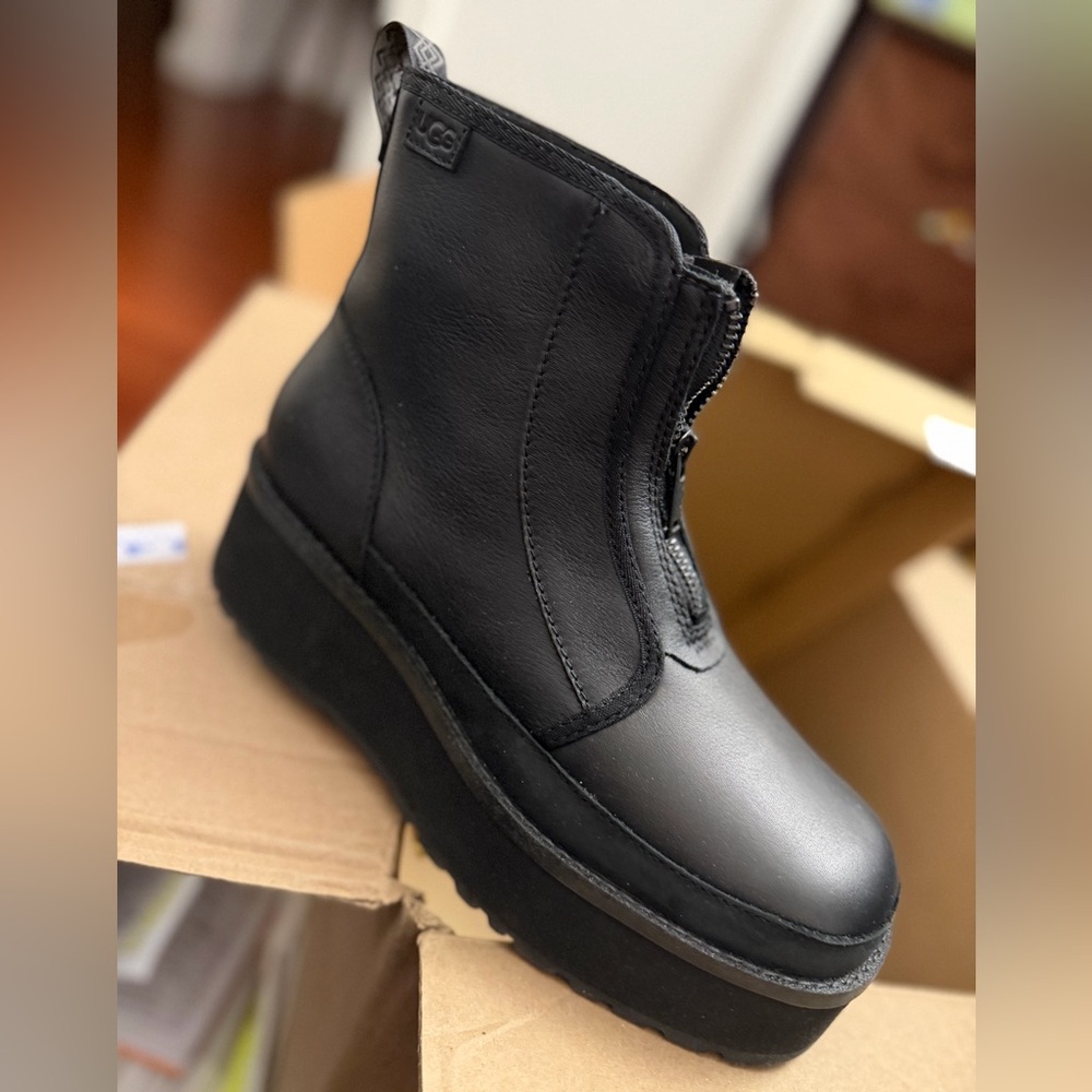 UGG Black Leather Platform Zip Ankle Boots water resistant